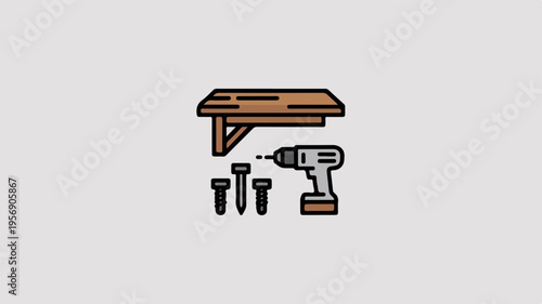 Drill and screws for assembling wooden shelf with tools for diy home improvement projects and furniture construction