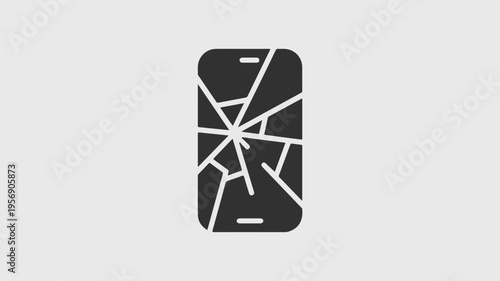 Cracked smartphone screen with shattered glass on gray background broken mobile phone display