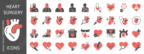 Heart surgery solid or glyph icons set. Medical cardiology, surgical procedure, heart transplant, and medical healthcare vector symbols.
