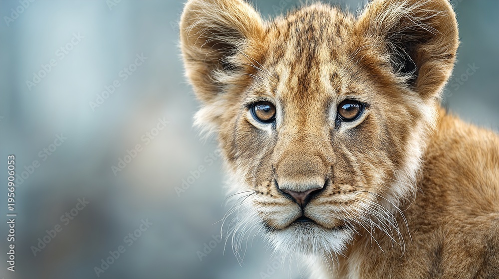 Obraz premium Lion cub with big eyes looking forward on blurred background