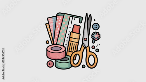 Colorful illustration of sewing tools and supplies including scissors threads tapes and brushes arranged artistically on a plain background