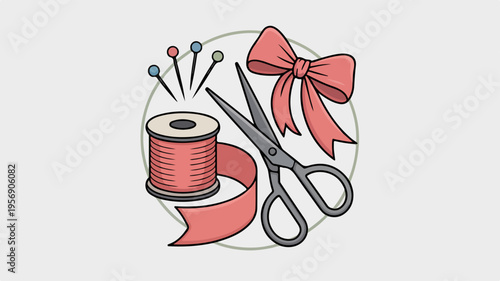 Sewing tools with thread scissors and bow on a neutral background for crafting and diy projects