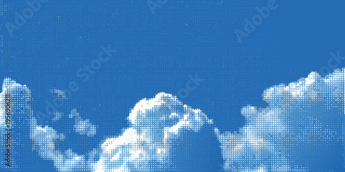 A bright blue sky dotted with fluffy white pixelated clouds