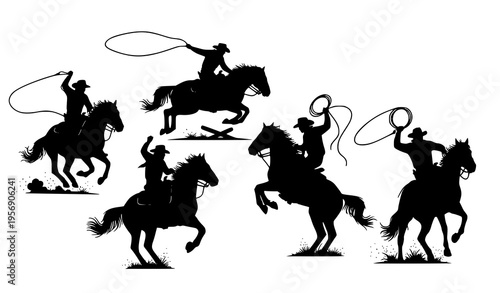 Dynamic cowboys riding horses silhouette vector with western rodeo action and cultural design