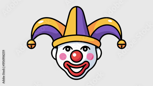 Jester face with purple and yellow hat on grey background smiling cheerfully cartoon style
