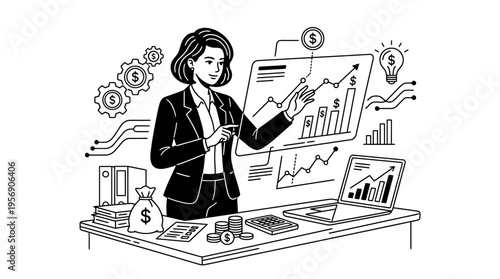 Businesswoman Analyzing Financial Data on a Digital Display