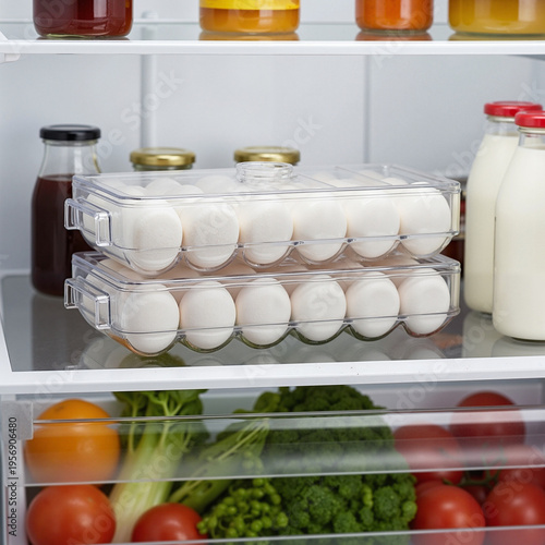 Fresh eggs in a stackable tray in the refrigerator along with vegetables and drinks.