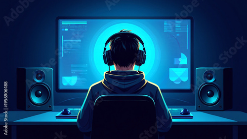 A man sitting at a desk with a computer and headphones on