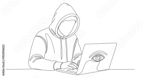 Hacker with laptop, eye on screen, one line drawing, cybersecurity