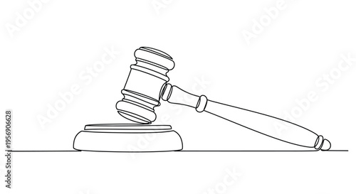 Gavel and sound block, one line drawing, justice symbol
