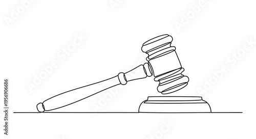 Gavel and sound block, one line drawing, legal system concept
