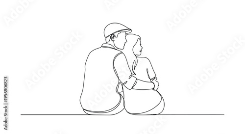 Couple Sitting Together Embracing - Continuous Line Art