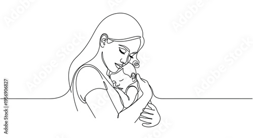 Mother Holding Baby Tenderly - Continuous Line Art