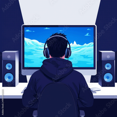 A person sitting at a desk wearing a headset and looking at a computer screen