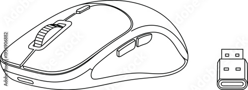 Wireless computer mouse drawing, USB receiver illustration, ergonomic gadget design, modern technology accessory, digital device silhouette, computer hardware graphic element