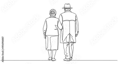 Elderly Couple Walking Hand in Hand - Line Art