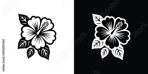 Black and white hibiscus flower silhouettes on contrasting backgrounds