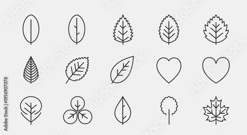 Variety of simple grayscale leaf and heart shaped line icons displayed