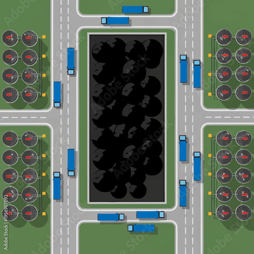 Aerial view of a bustling industrial complex with numerous oil tanks and trucks.