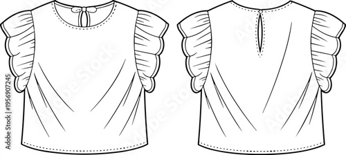 Women blouse front and back view, ruffle sleeve top outline illustration, fashion apparel design template, clothing garment technical drawing style