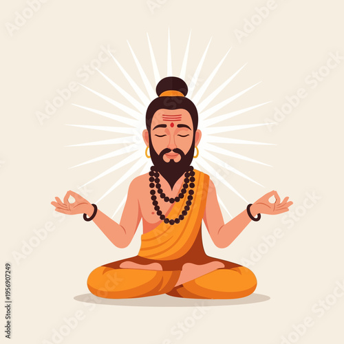 Indian Yogi Meditating in Lotus Pose with Sunburst Background