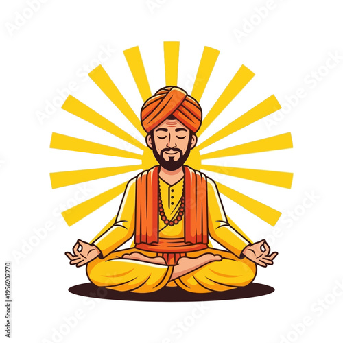 Man meditating in lotus pose with sun rays background, spiritual enlightenment