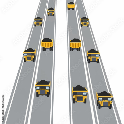 Heavy-duty dump trucks transporting coal on a dual-lane highway.