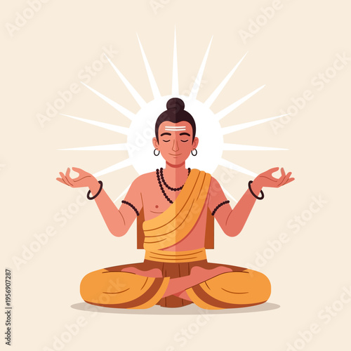 Man meditating in lotus pose, spiritual enlightenment, yoga, zen, inner peace, sunburst background