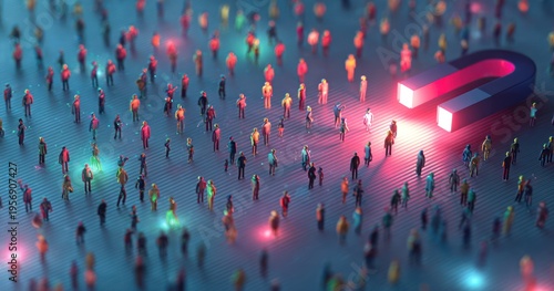 Abstract crowd and magnet concept illustrating attraction and influence