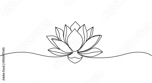 Lotus flower on a wavy line, single line drawing style