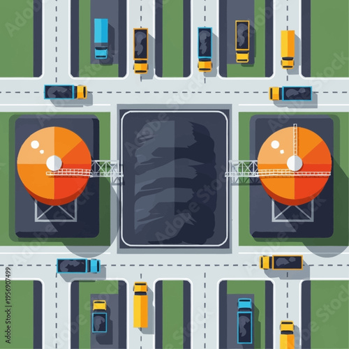 Industrial Water Treatment Plant with Circular Settling Tanks.