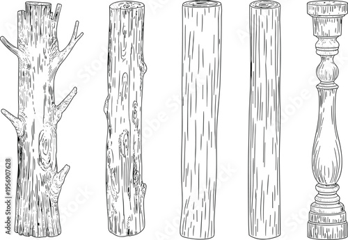 Wood log transformation set from natural tree trunk to carved wooden pillar, woodworking process illustration, timber material evolution design