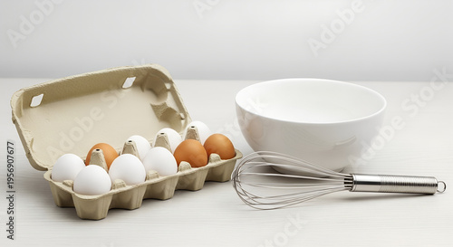 Eggs in carton with whisk and mixing bowl on kitchen table  