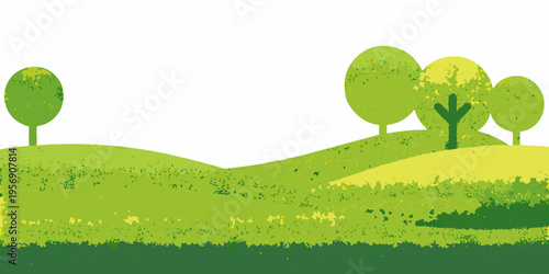 Stylized green landscape with rolling hills and rounded trees