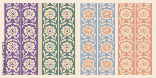 A series of repeating floral and leaf pattern bands in various colors
