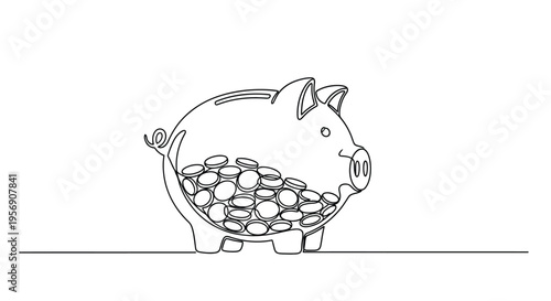 Piggy bank full of coins, minimalist single line illustration