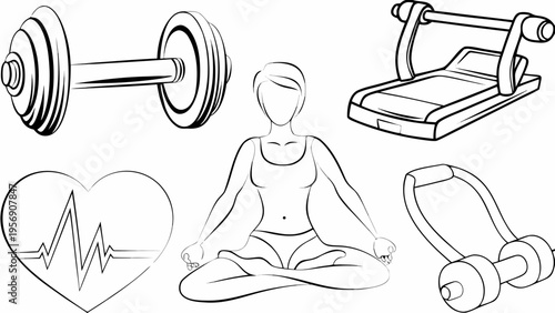 Vector icons of fitness elements including dumbbell treadmill yoga headphones and heart rate