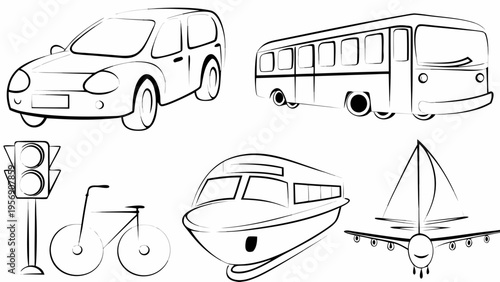 Vector icons of various transportation modes on white background