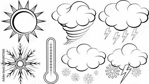 Weather icons set with sun clouds rain snow and temperature symbols in black and white vector graphics