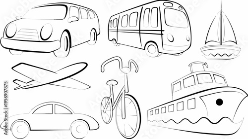 Vector icons of various transportation modes including cars bus train bike boat plane sailboat