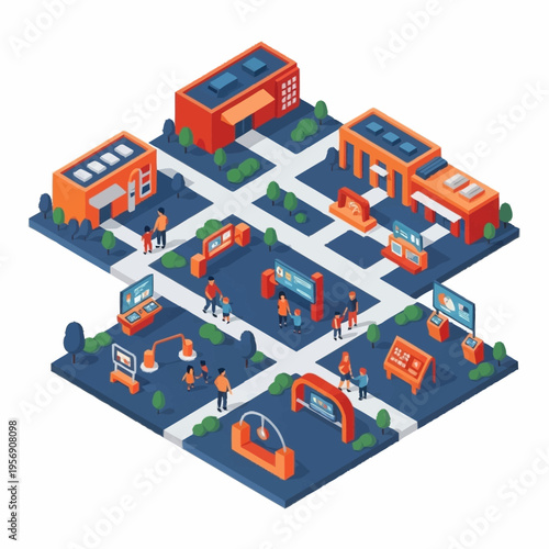 Isometric Exhibition Booths and Visitors at Trade Show.