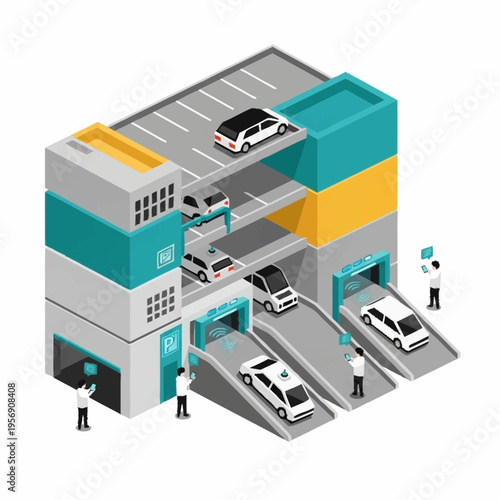 Isometric Multilevel Parking Garage with Cars and People.