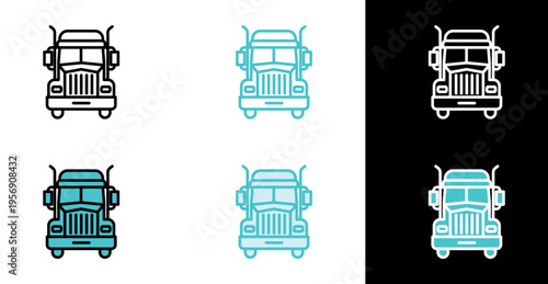 Front view semi truck icon for freight transport and logistics services in line and fill style