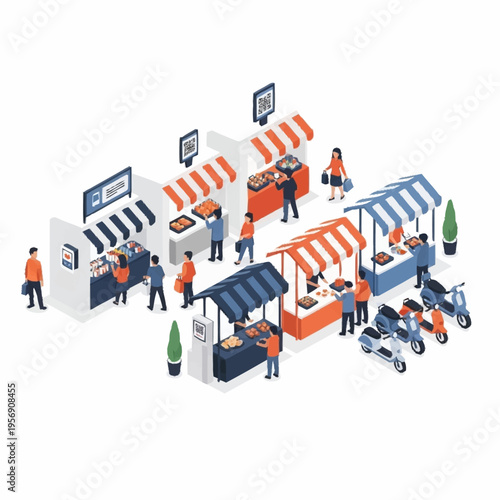 Isometric Outdoor Market Scene with Stalls and Shoppers.