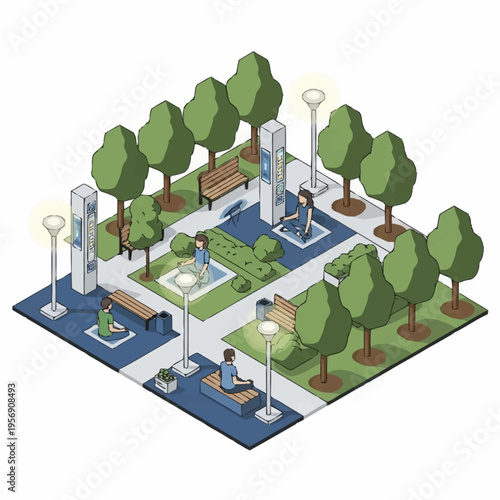 Isometric Outdoor Fitness Park with People Exercising.