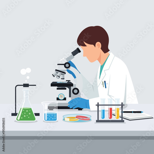 Scientist examining sample under microscope in laboratory with colorful liquids and equipment