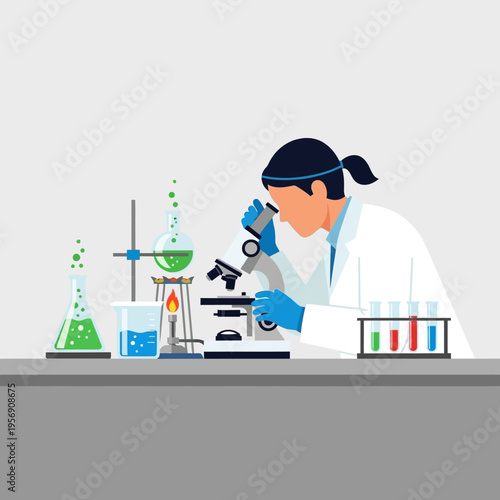 Scientist examining sample under microscope in laboratory with colorful liquids and equipment