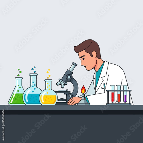 Scientist examining sample under microscope in laboratory with colorful liquids and flame