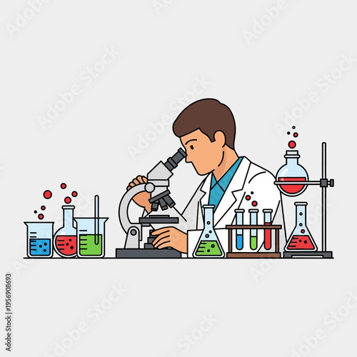 Scientist examining sample under microscope in laboratory with colorful liquids in beakers