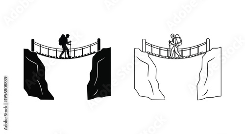 Hiker crossing a rope bridge in contrasting styles a bold silhouette